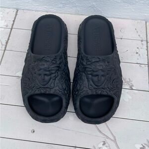Versace Matte Black Medusa Embossed Slide Sandals